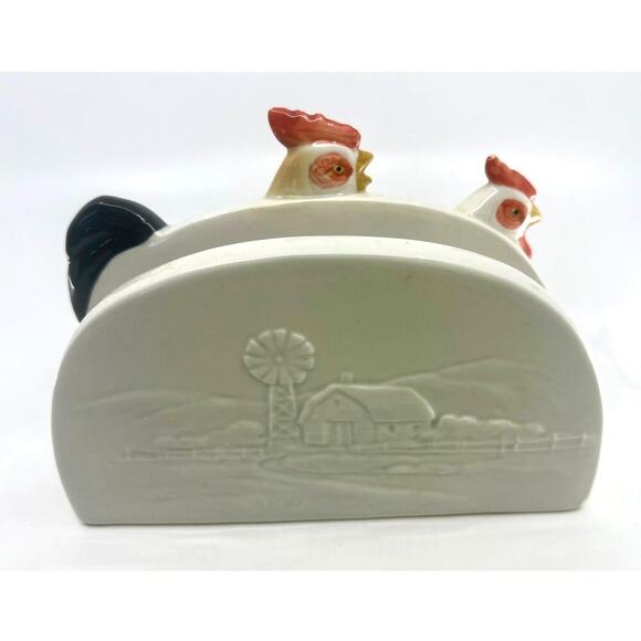 Vintage Otagiri ROOSTER CHICKENS FARM SCENE Napkin Holder JAPAN 1950's - Picture 7 of 7